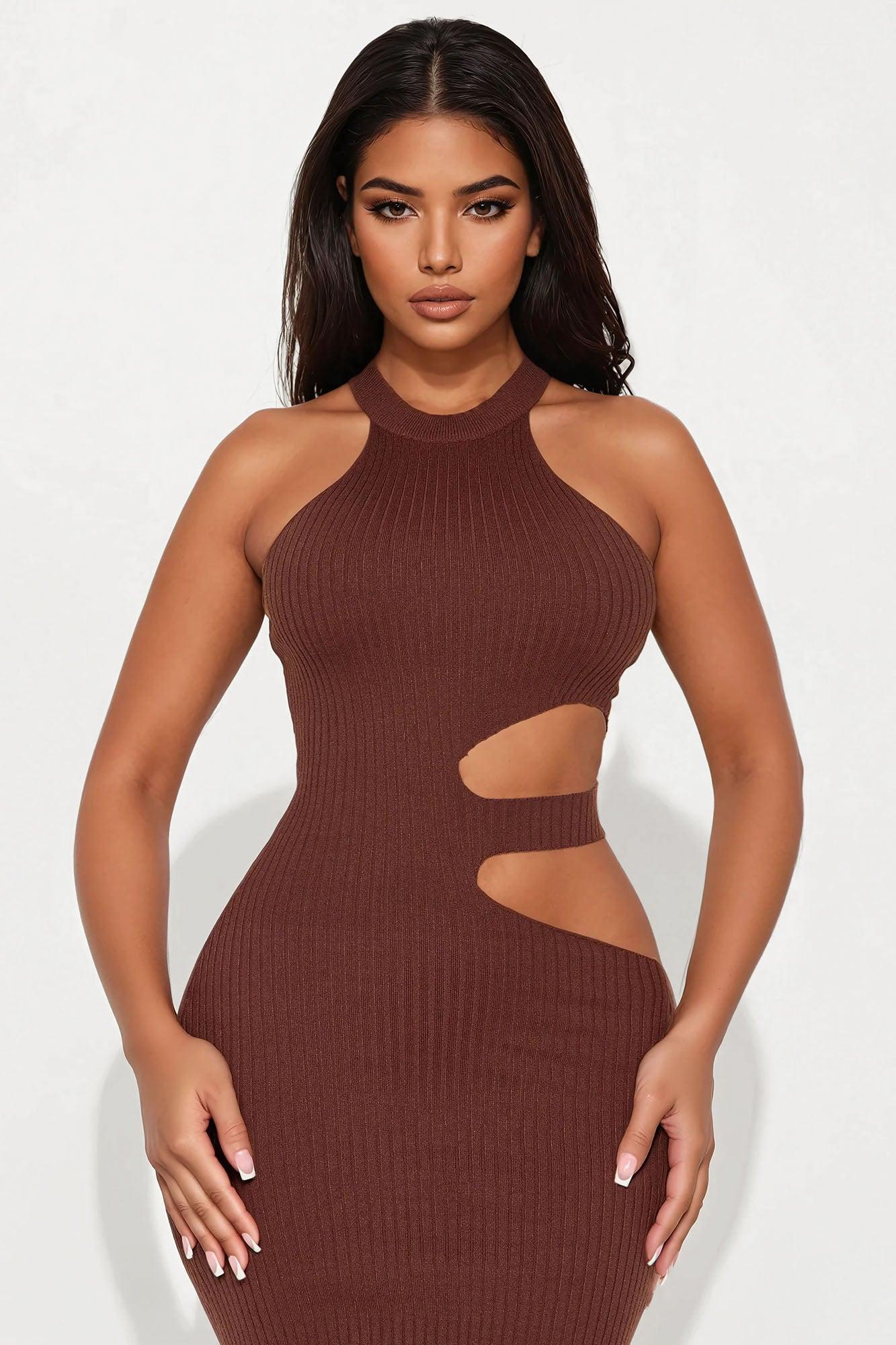 Tamar Cut Out Sweater Midi Dress - Brown Product Image