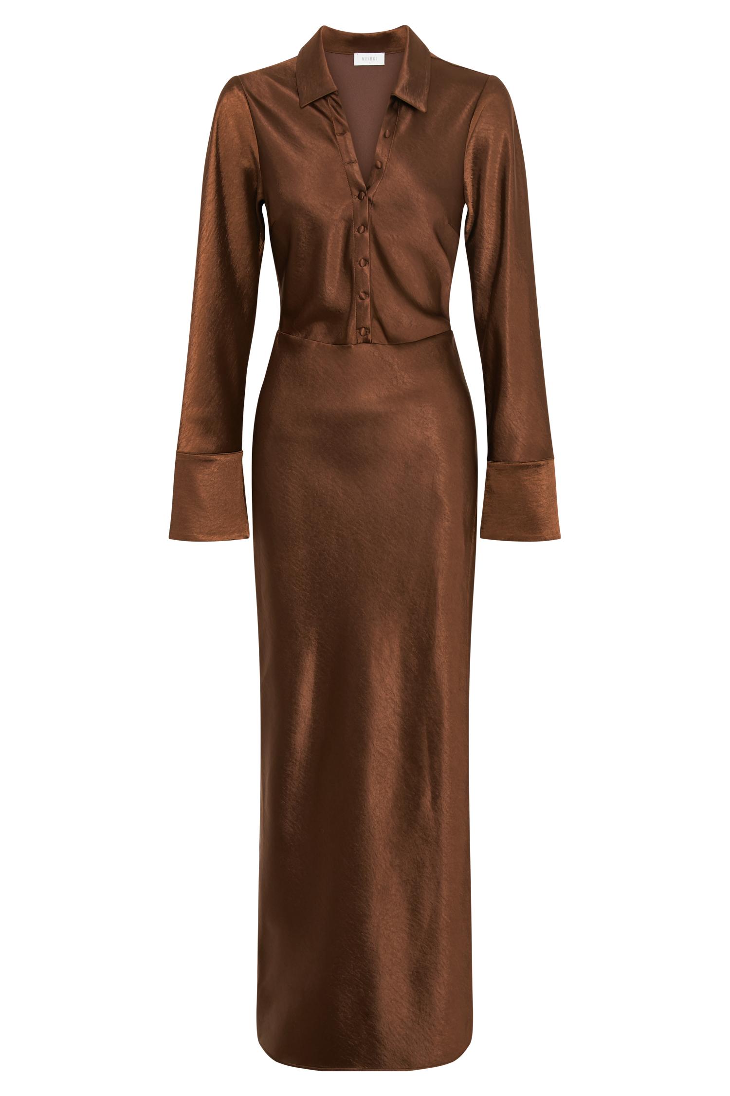 Whitley Satin Collared Maxi Dress - Dark Brown Product Image