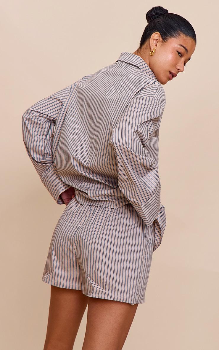 Stone Woven Pinstripe Balloon Sleeve Oversized Shirt Product Image
