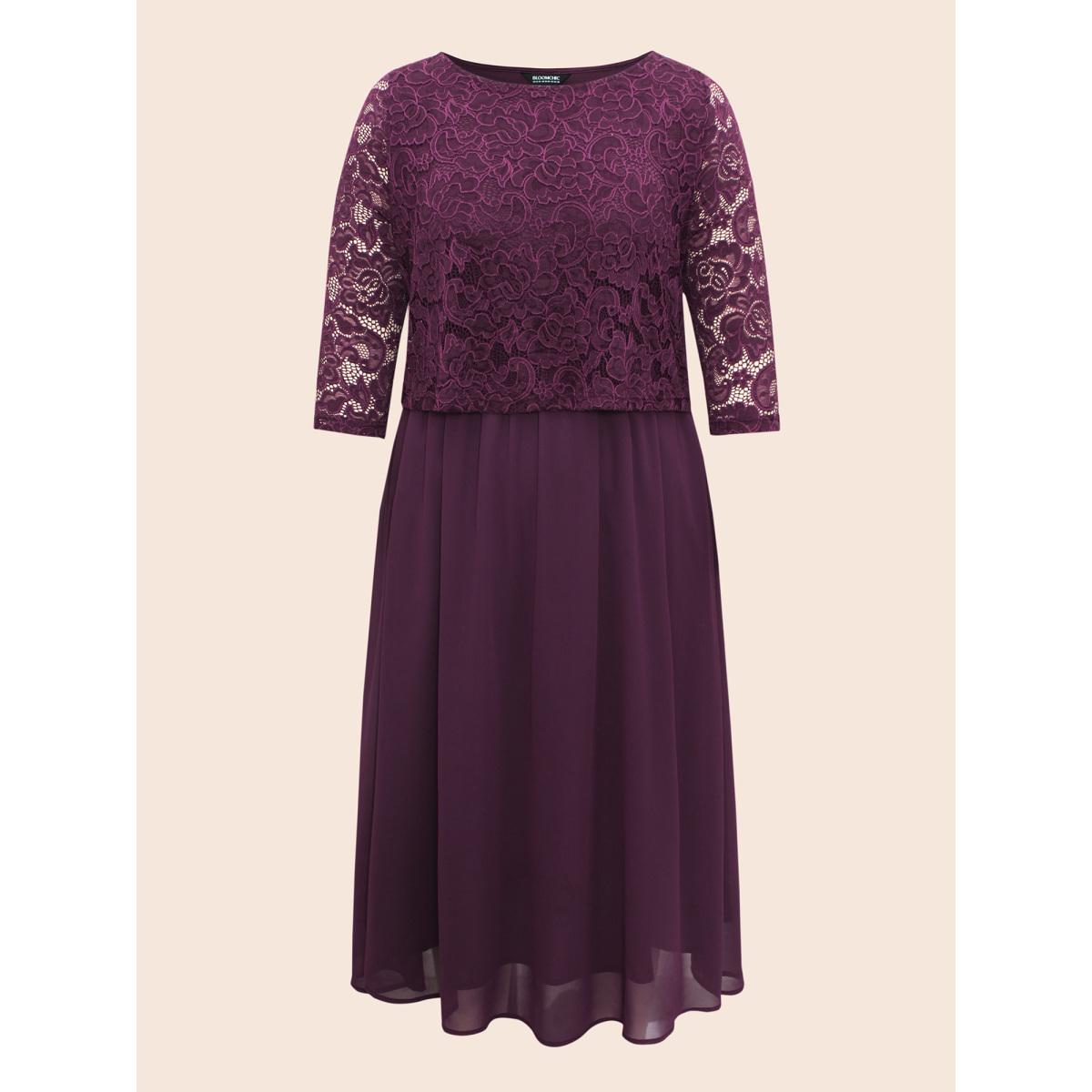Plus Size Round Neck Crochet Lace Mesh Dress Deeppurplered Women Cocktail Woven ribbon&lace trim Round Neck Elbow-length sleeve Curvy BloomChic 26/4X Product Image