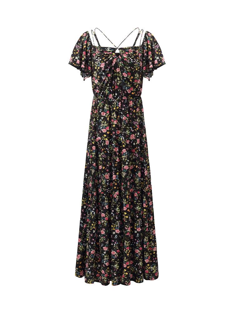 16 Momme Mulberry Silk Rose Print Off Shoulder Women Maxi Dress Product Image