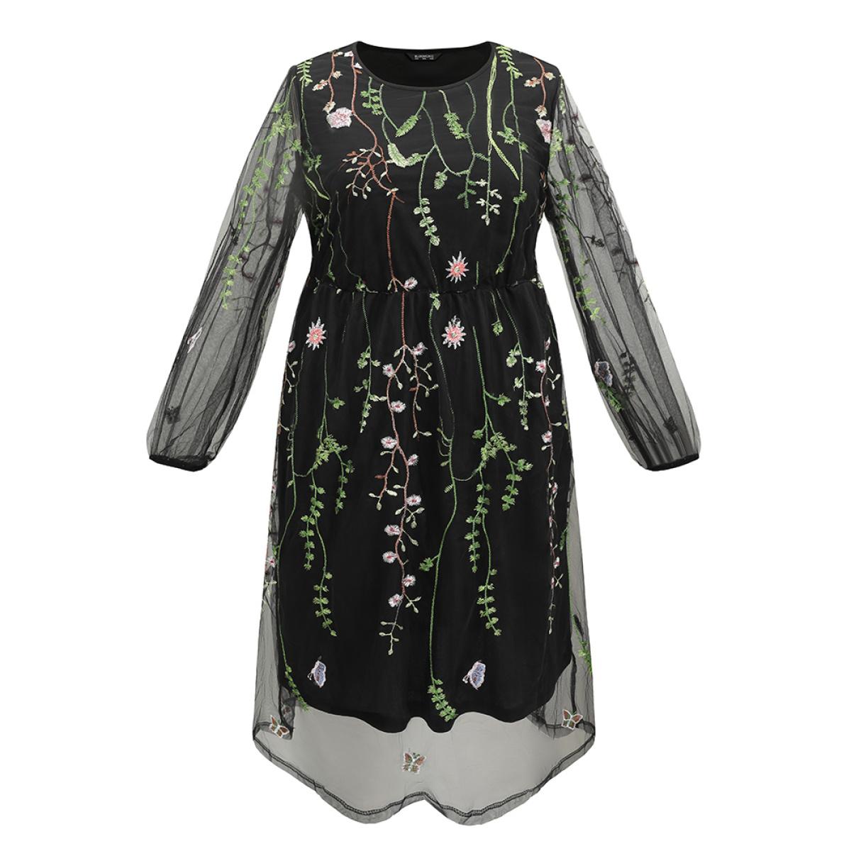 Plus Size Floral Embroidered Mesh Pocket Lantern Sleeve Dress Black Women Cocktail Elastic cuffs Round Neck Long Sleeve Curvy Midi Dress BloomChic 10/M Product Image