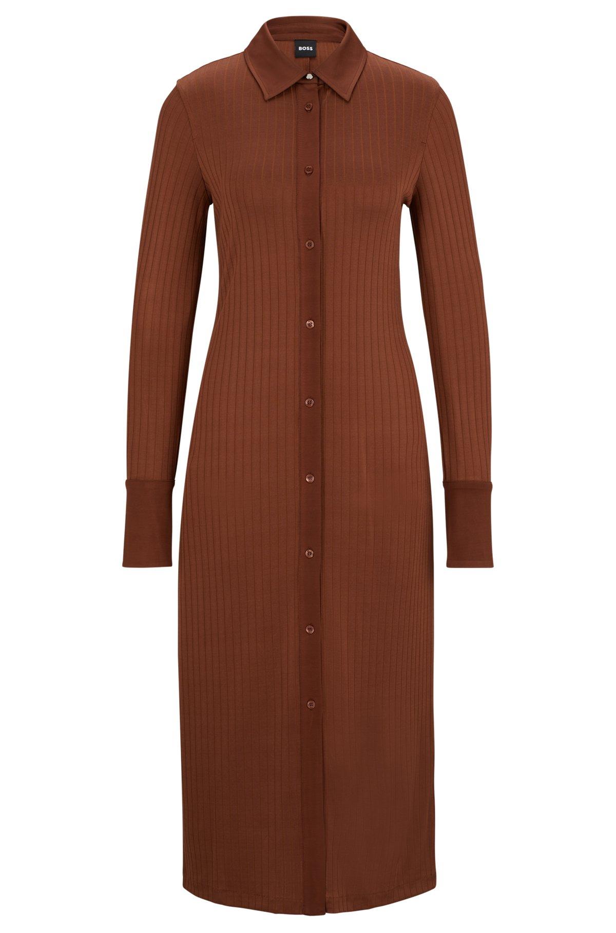 BOSS - Long-length shirt-style dress in ribbed jersey - Brown Product Image