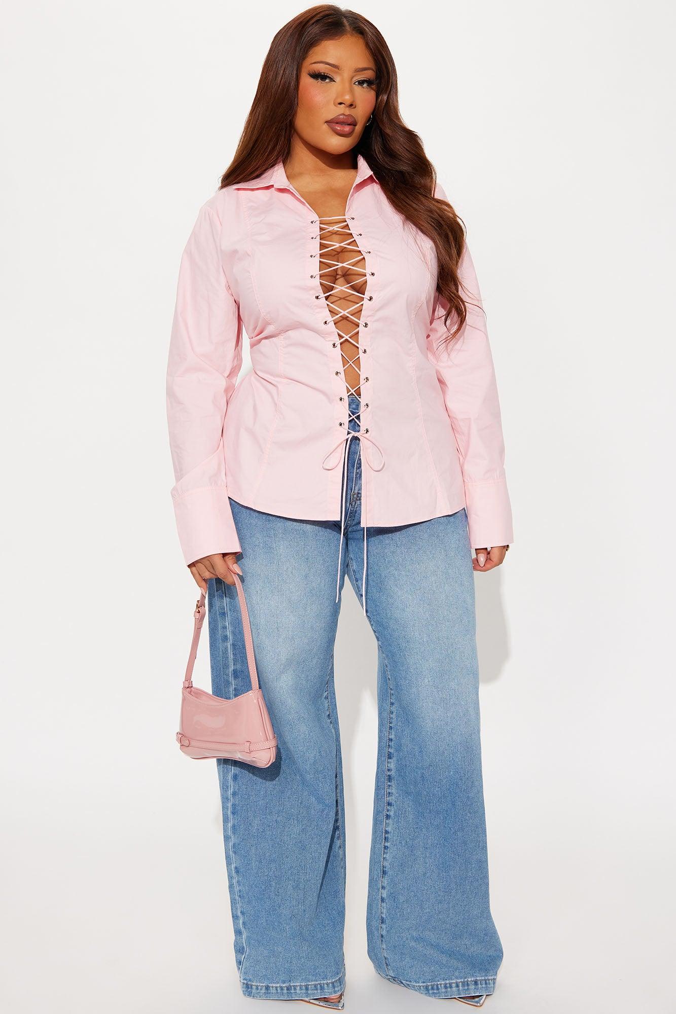 You Know Me Lace Up Poplin Shirt - Pink Female Product Image