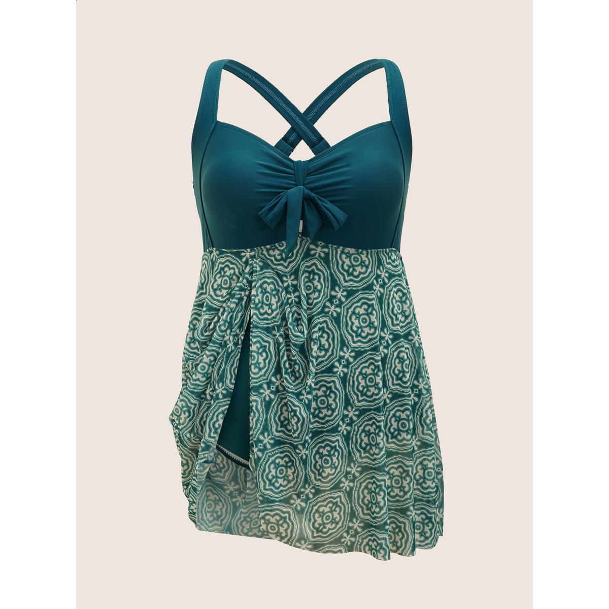 Plus Size Boho Print Patchwork Tie Knot Gathered Swim Dress Women's Swimwear DarkGreen Beach Bodycon Heart neckline High stretch Curve Swim Dresses BloomChic 10/M Product Image