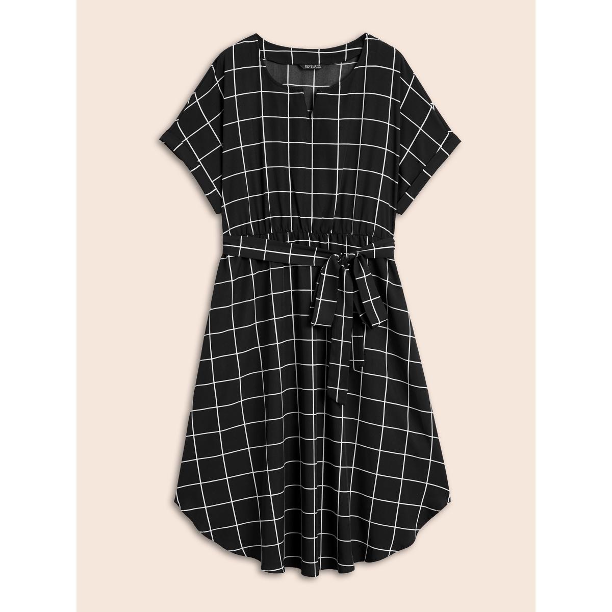Plus Size Plaid Notched Collar Dolman Sleeve Dress Black Women At the Office Belted Notched collar Short sleeve Curvy BloomChic 28/5X Product Image