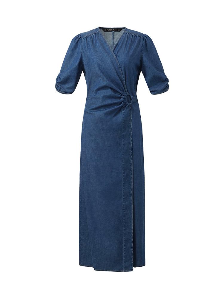 Denim V-Neck Twist Waist Women Midi Dress Product Image