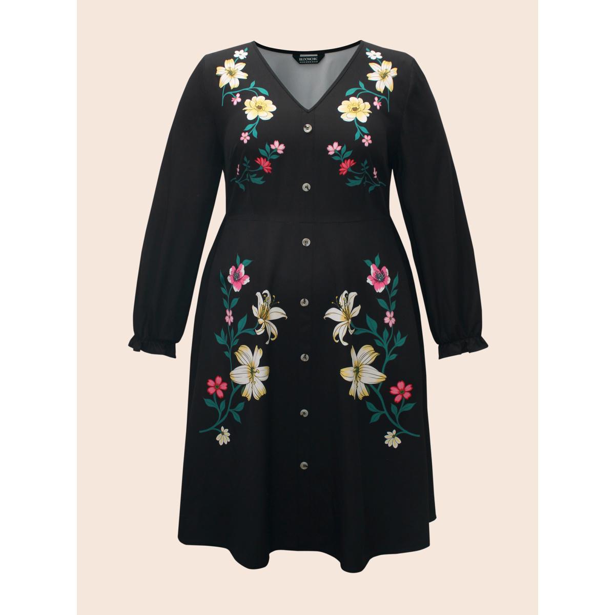Plus Size V Neck Floral Button Detail Dress Black Women Elegant Button V-neck Long Sleeve Curvy BloomChic 18-20/2X Product Image