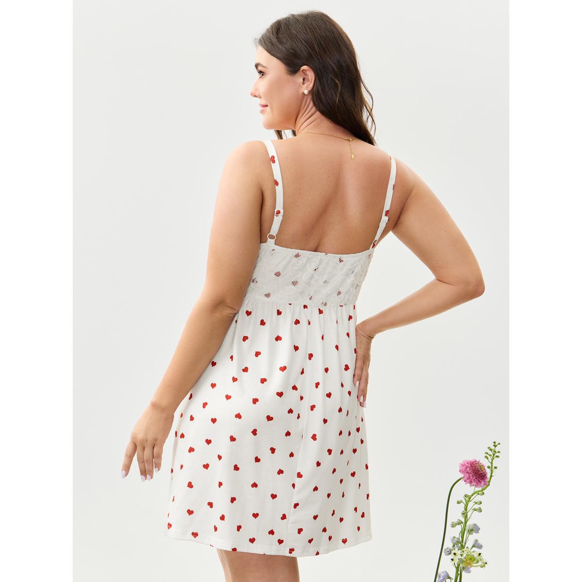 Plus Size Bow Lace Heart Print Lounge Dress Women Originalwhite Leisure Woven ribbon&lace trim V-neck Loungewear BloomChic 14-16/1X Product Image