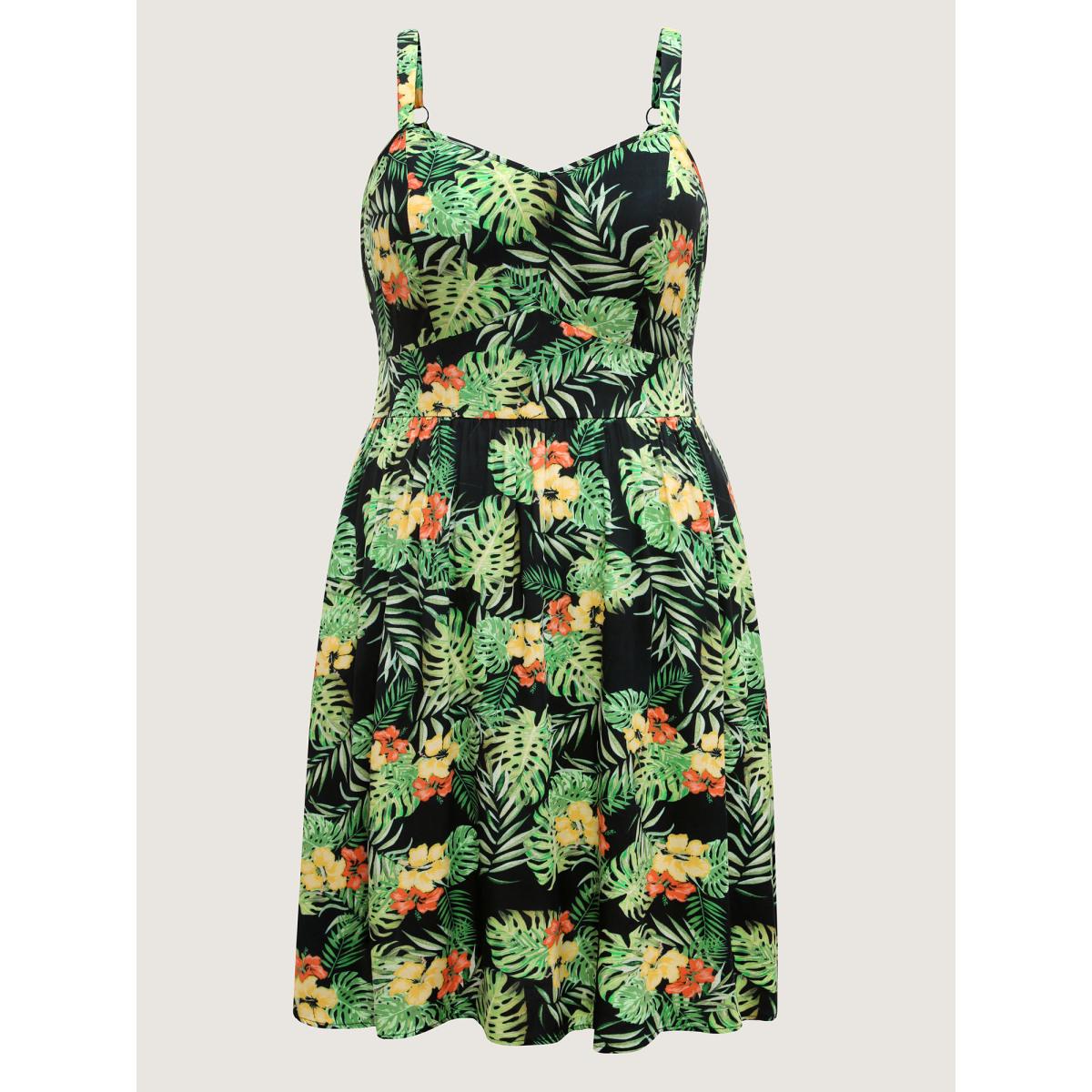 Plus Size Breezy Tropics Shirred Waist Midi Dress Multicolor Women V-neck Sleeveless Curvy BloomChic 26/4X Product Image