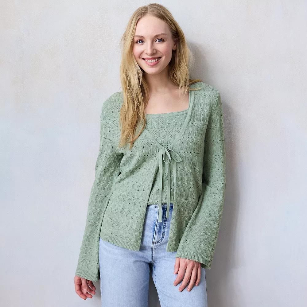 Petite LC Lauren Conrad V-Neck Pointelle Cardigan, Women's, Size: Small Petite, Valor Green Product Image