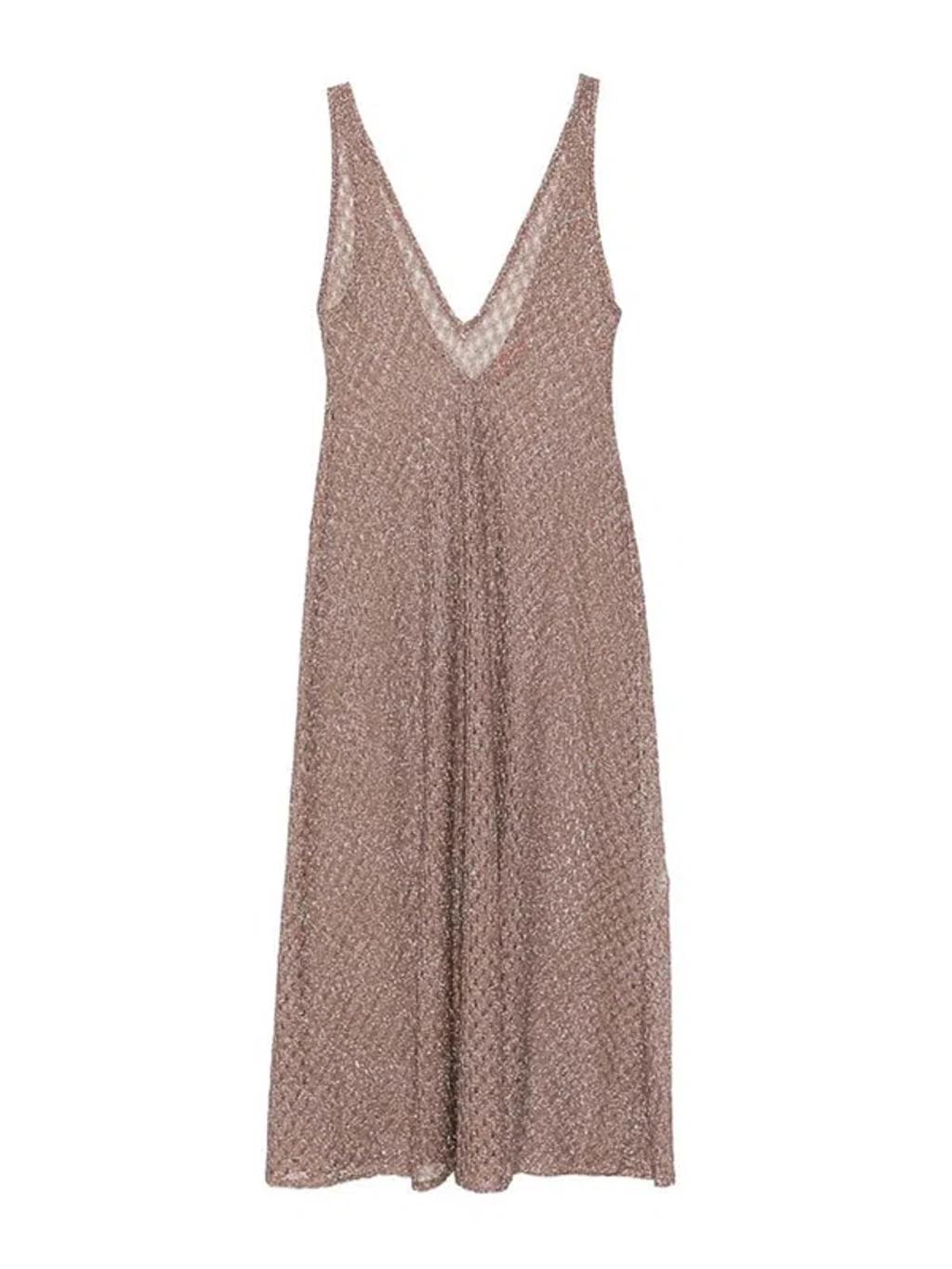 MISSONI Open Knit V-neck Knitted Dress In Brown Product Image