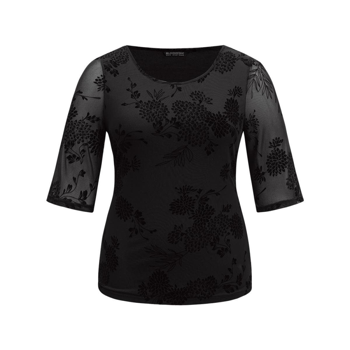 Plus Size Black Flocking Round Neck Crochet Lace Mesh T-shirt Women Office Elbow-length sleeve Round Neck Work Blouses BloomChic 18-20/2X Product Image