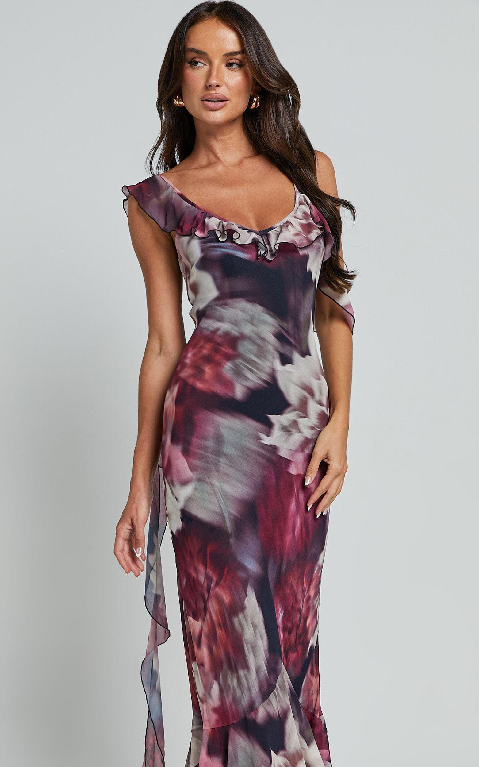 Riley Maxi Dress - Asymmetric Ruffle Detail Maxi Dress in Mariache Rose Product Image