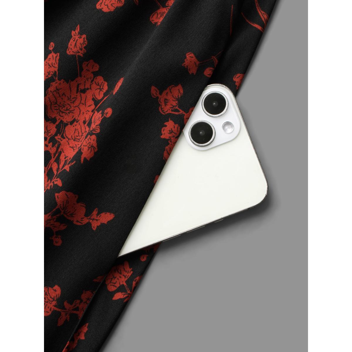 Plus Size Silhouette Floral Print Notched Dress Black Women Elegant Non Notched collar Long Sleeve Curvy BloomChic 30/6X Product Image