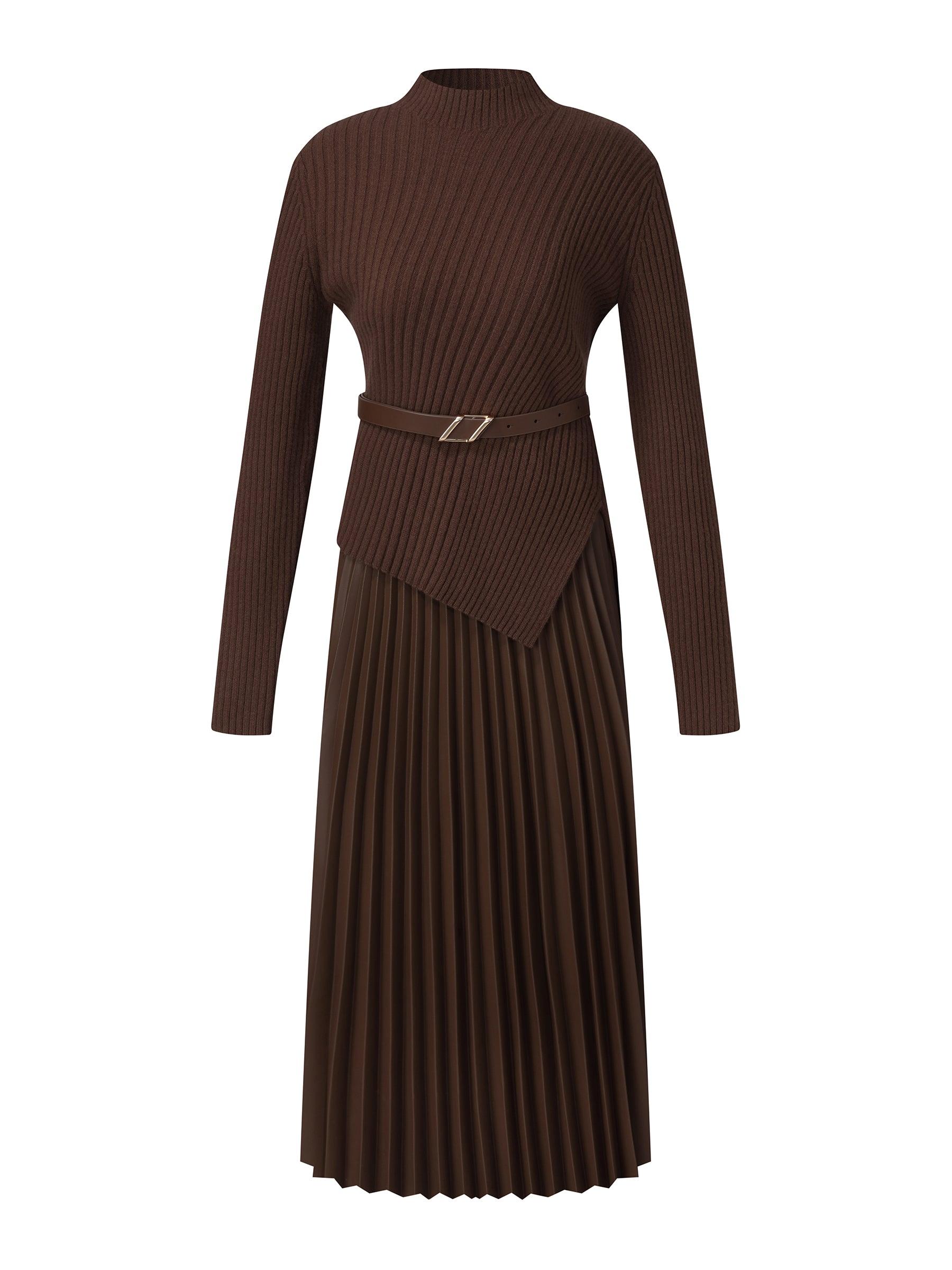 100% Wool Knit Top And PU Leather Skirt Two-Piece Set With Belt Product Image