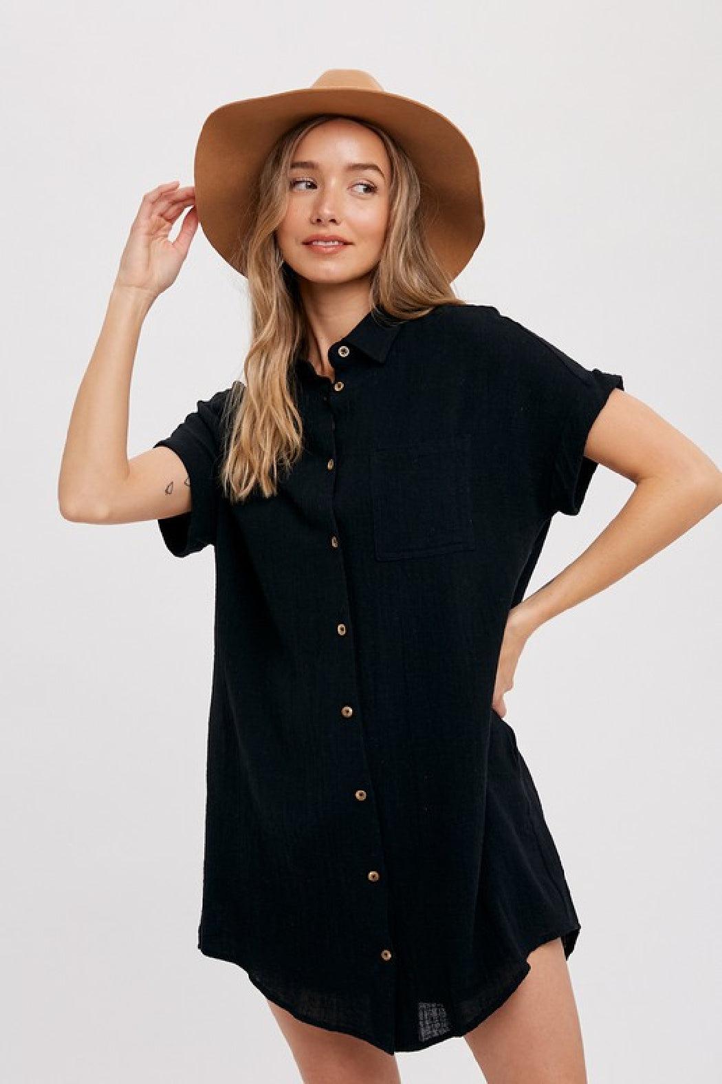 Black Pocketed Shirt Dress Product Image
