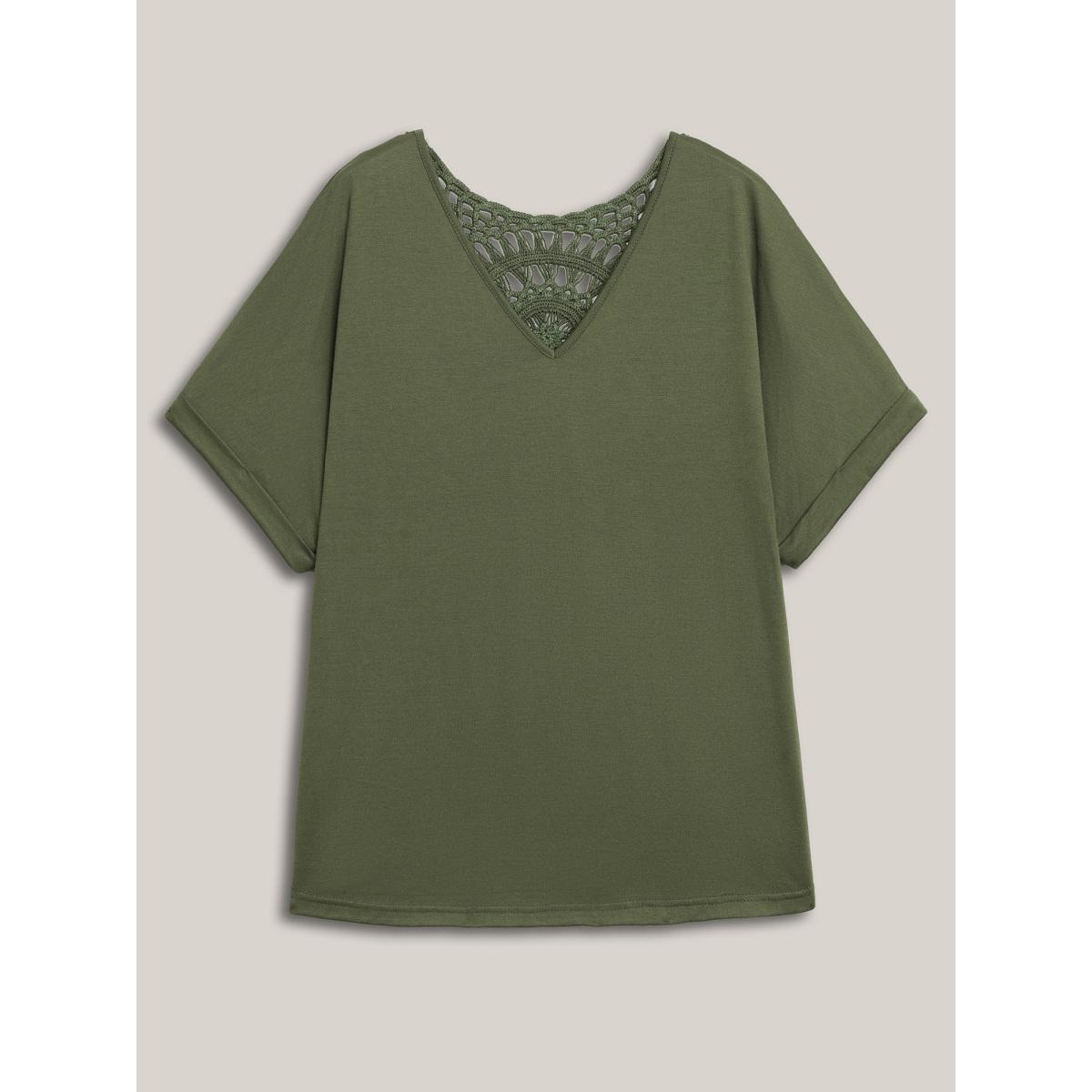Plus Size Cut-Out Back Detail Plain T-Shirt ArmyGreen Women Roll Hem V-neck Everyday-Casual T-shirts BloomChic 10/M Product Image