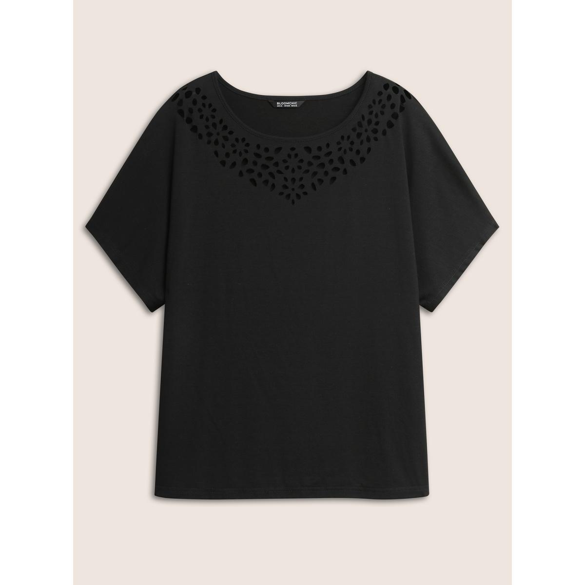 Plus Size Plain Laser Cut Batwing Sleeve T-shirt Black Women Elegant Cut-Out Round Neck Everyday T-shirts BloomChic 30/6X Product Image