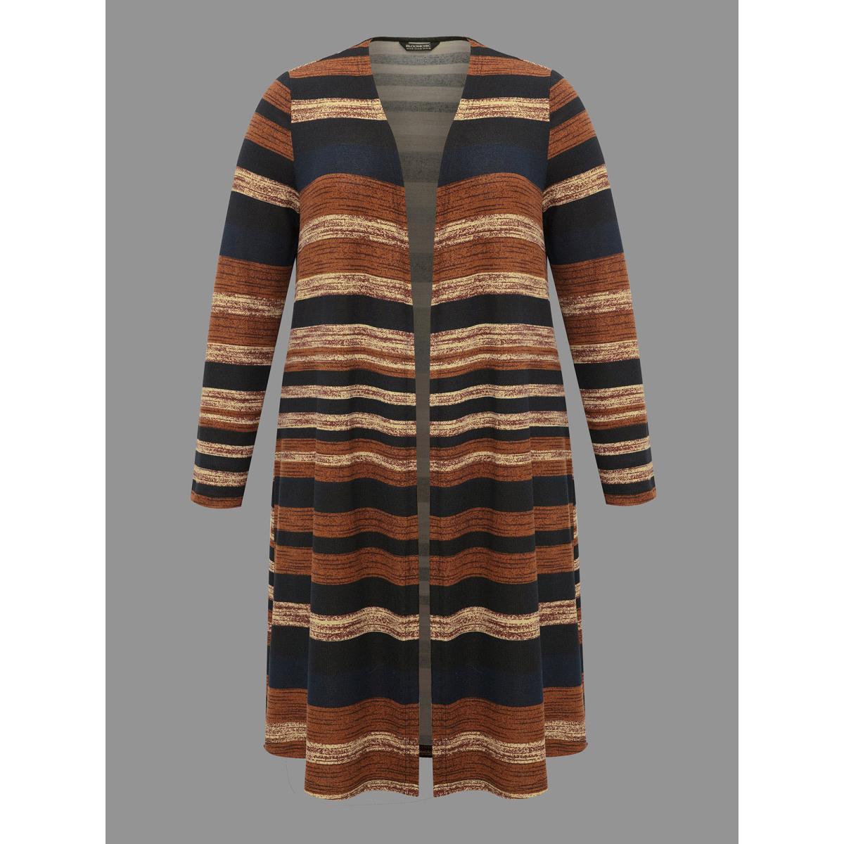 Plus Size Multi-Color Striped Open-Front Long Jacket Women Multicolor Contrast Loose Everyday Jackets BloomChic 10/M Product Image