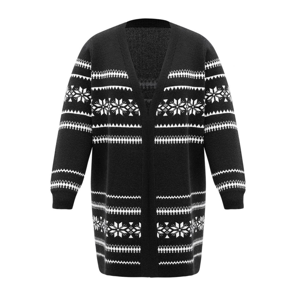 Plus Size Anti-Pilling Bandana Print Elastic Cuffs Cardigan Black Women Casual Loose Long Sleeve Festival-Christmas Cardigans BloomChic 12/L Product Image