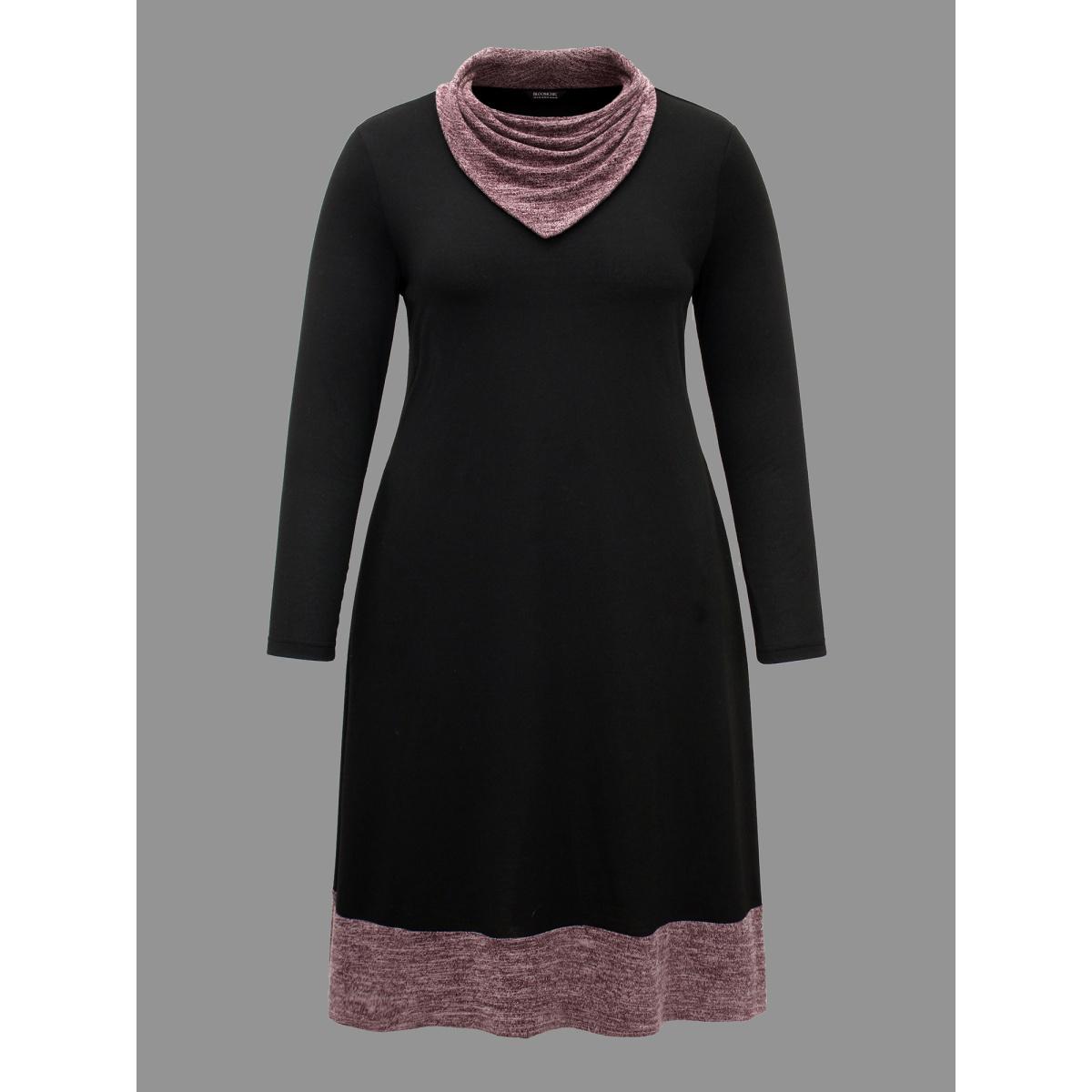 Plus Size Heather Patchwork Turtleneck Midi Dress Black Women Casual Contrast Ruffled collar Long Sleeve Curvy BloomChic 10/M Product Image
