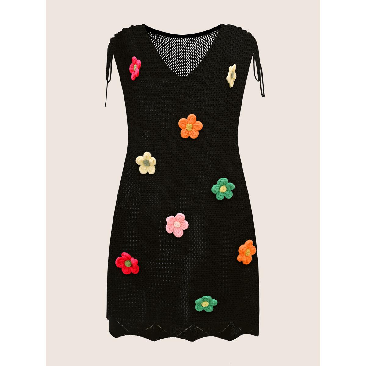 Plus Size Stereo Flower Design Drawstring Swim Cover Up Women's Swimwear Black Beach Loose Crochet Curve Swim Cover Ups BloomChic 26/4X Product Image