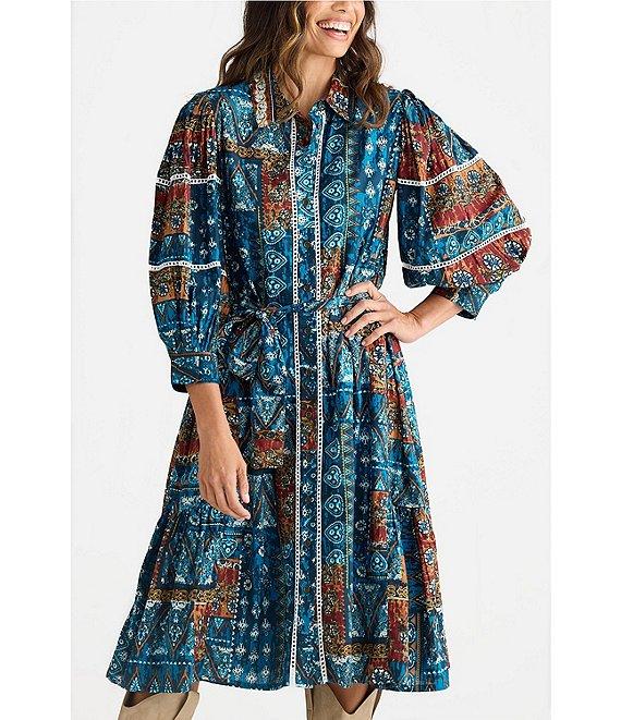 Talisman Castella Patchwork Button Down Collar Long Sleeve Belted Blouson Midi Dress Product Image