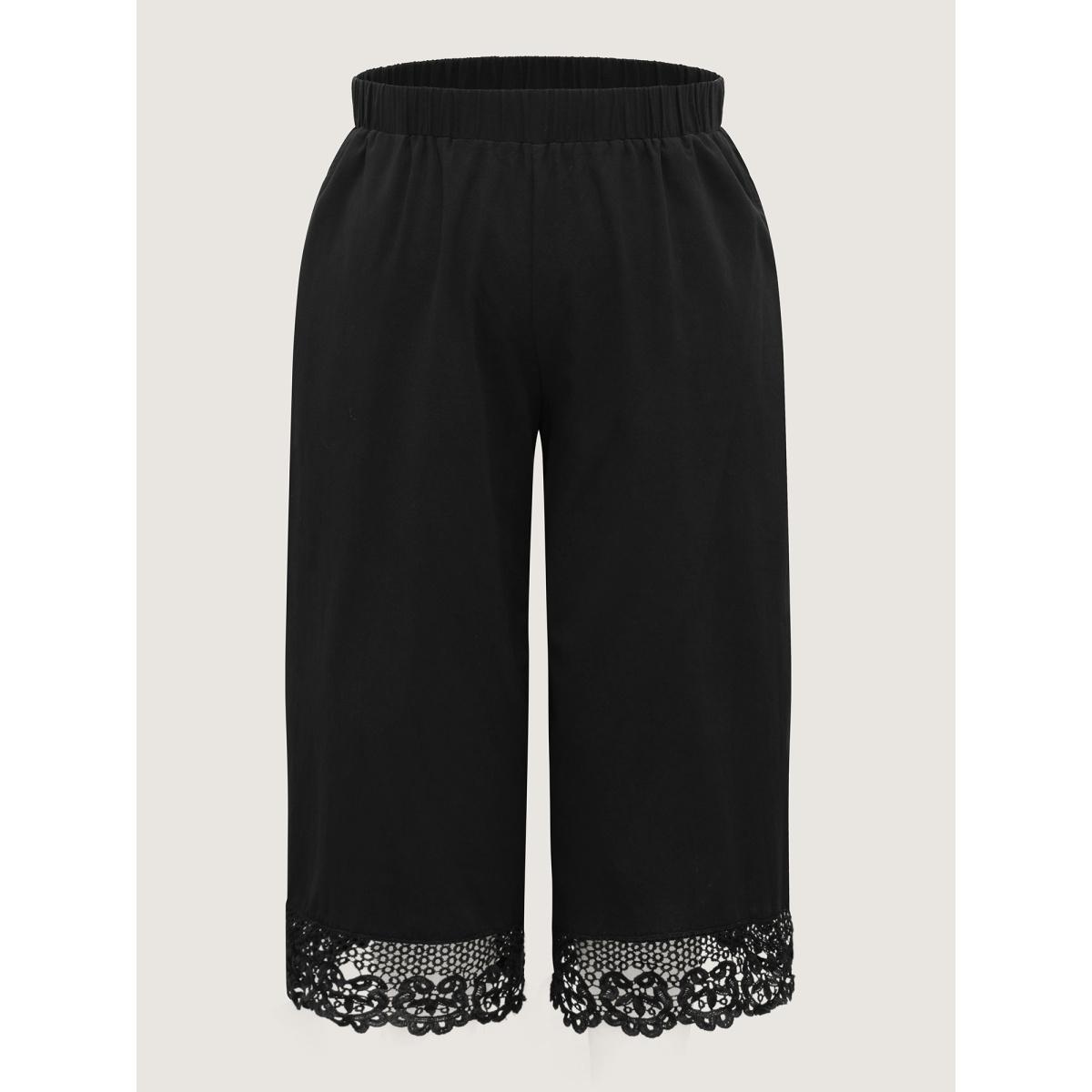 Plus Size Cotton Scalloped Lace Hem Wide-Leg Pants Women Black Boho Wide Leg Mid Rise Vacation Pants BloomChic 22-24/3X Product Image