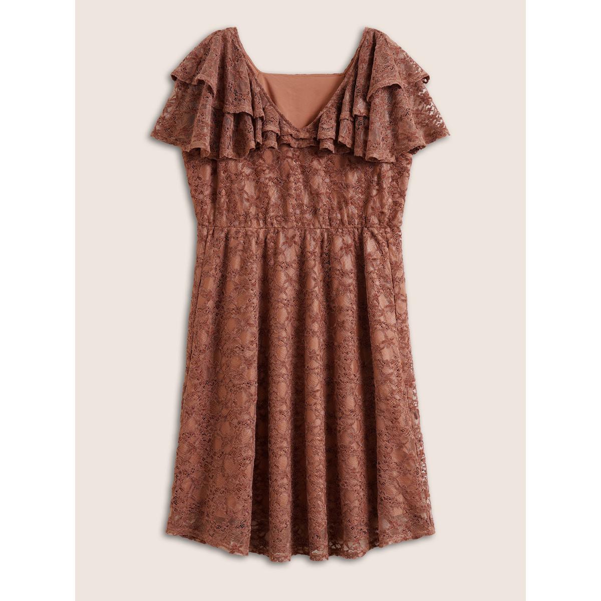 Plus Size Crochet Lace Mesh Tiered Ruffle Trim Dress Burgundy Women Elegant Texture V-neck Sleeveless Curvy Midi Dress BloomChic 14-16/1X Product Image