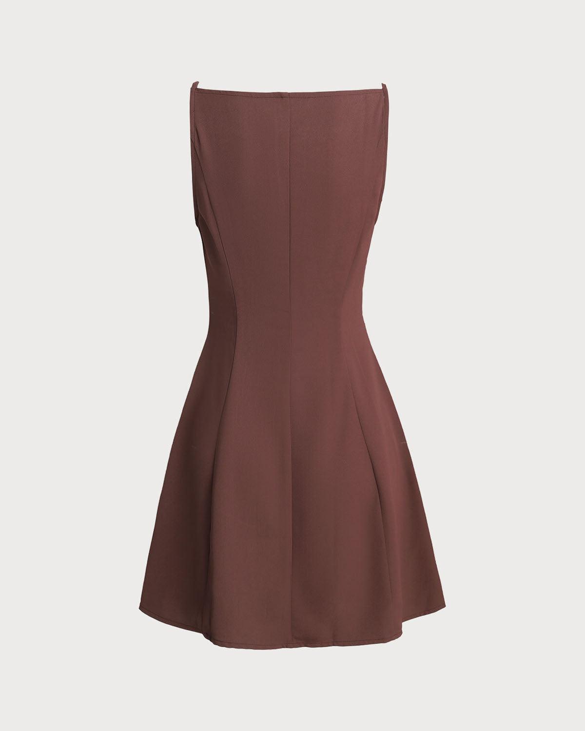 Brown Button Pleated Slip Mini Dress Product Image