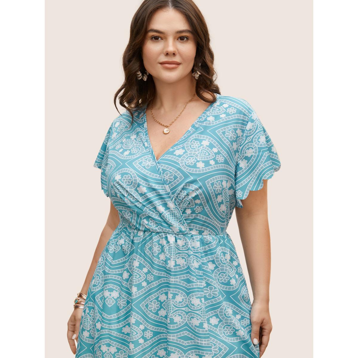 Plus Size Boho Print Scalloped Trim Split Front Dress Teal Women Resort Ruffles V-neck Cap Sleeve Curvy BloomChic 14-16/1X Product Image