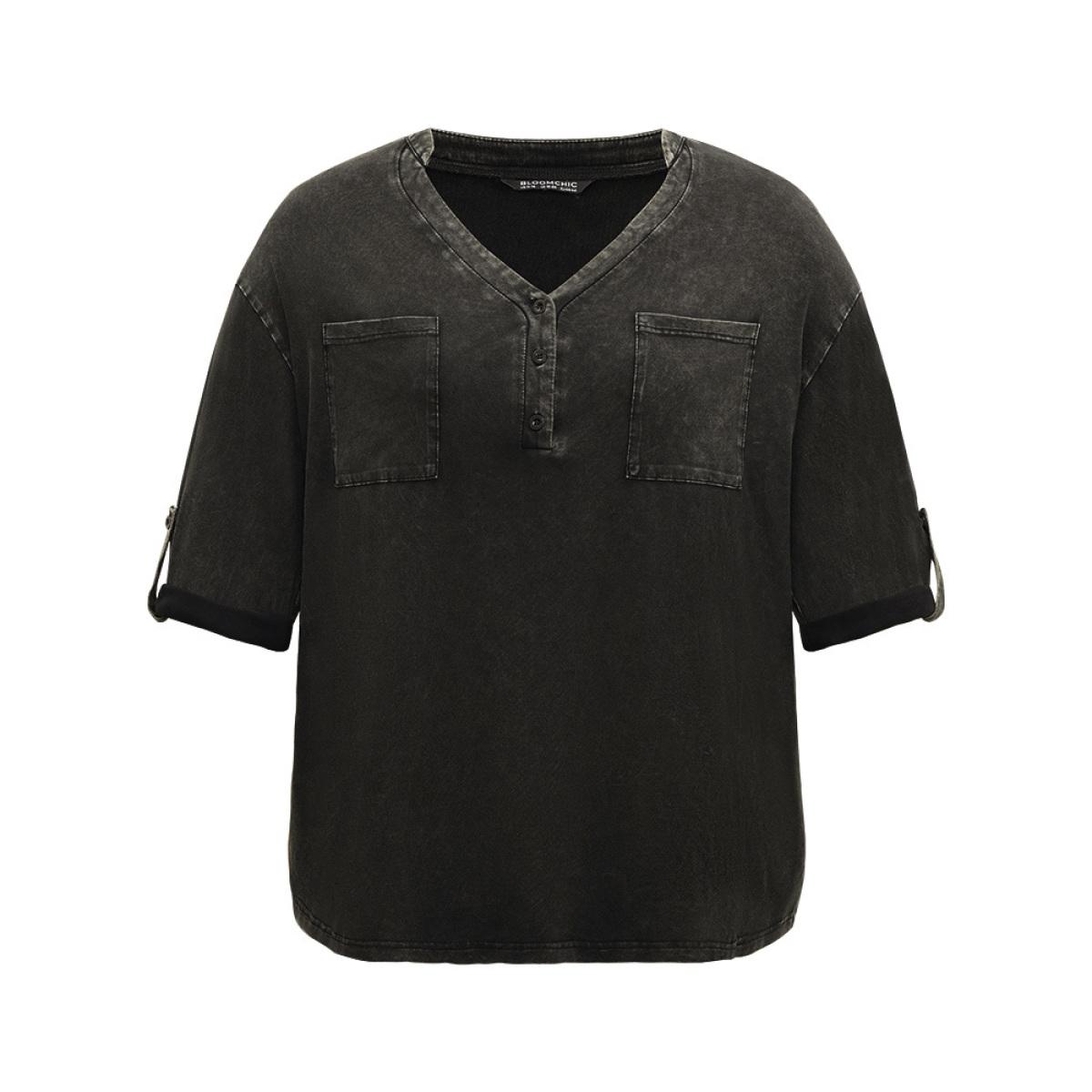 Plus Size Vintage Roll Tab Sleeve Button Up T-shirt Black Women Casual Plain Plain V-neck Dailywear T-shirts BloomChic 18-20/2X Product Image