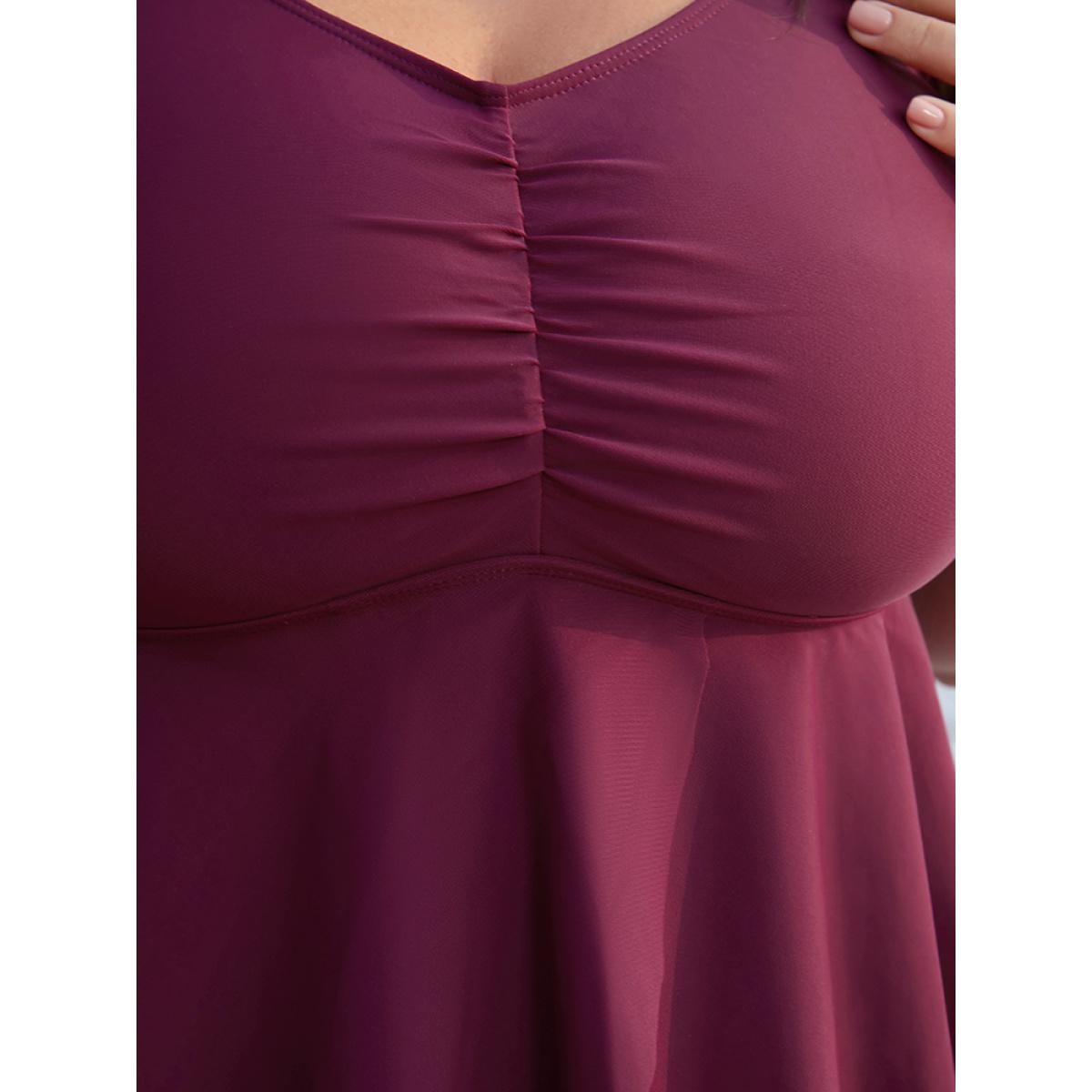 Plus Size Plain Asymmetrical Hem Ruffles Ruched Tankini Top Women's Swimwear Purple Vacation Adjustable Straps High stretch Bodycon V-neck Curve Swim Tops BloomChic 28/5X Product Image