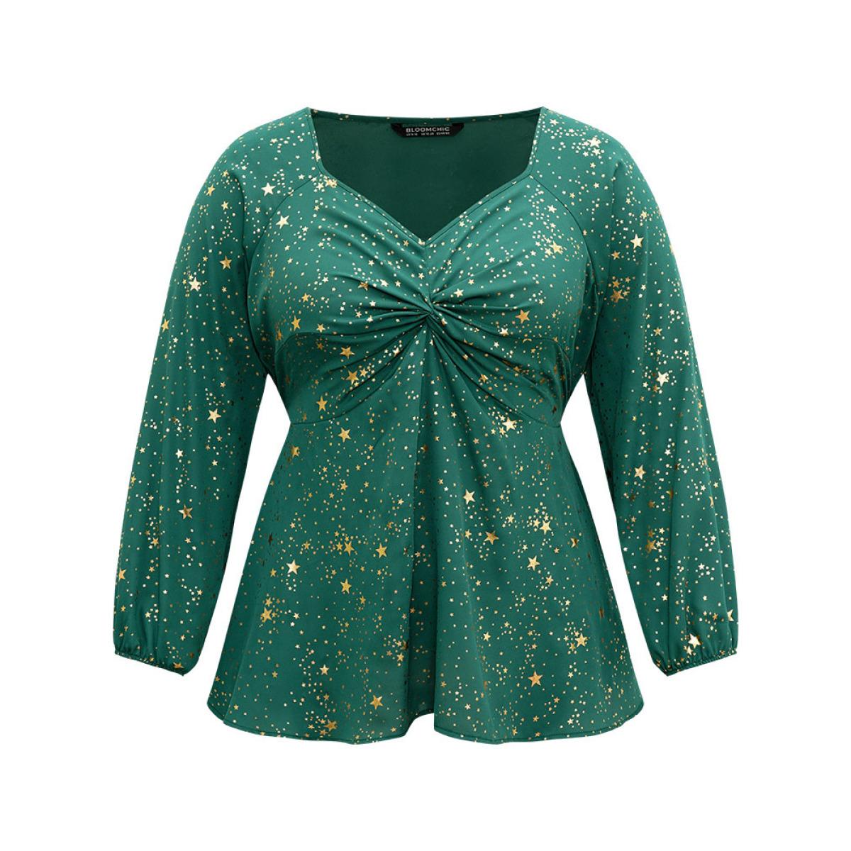 Plus Size DarkGreen Star Glitter Square Neck Twist Front Blouse Women Glamour Long Sleeve Square Neck Festival-Christmas Blouses BloomChic 14-16/1X Product Image
