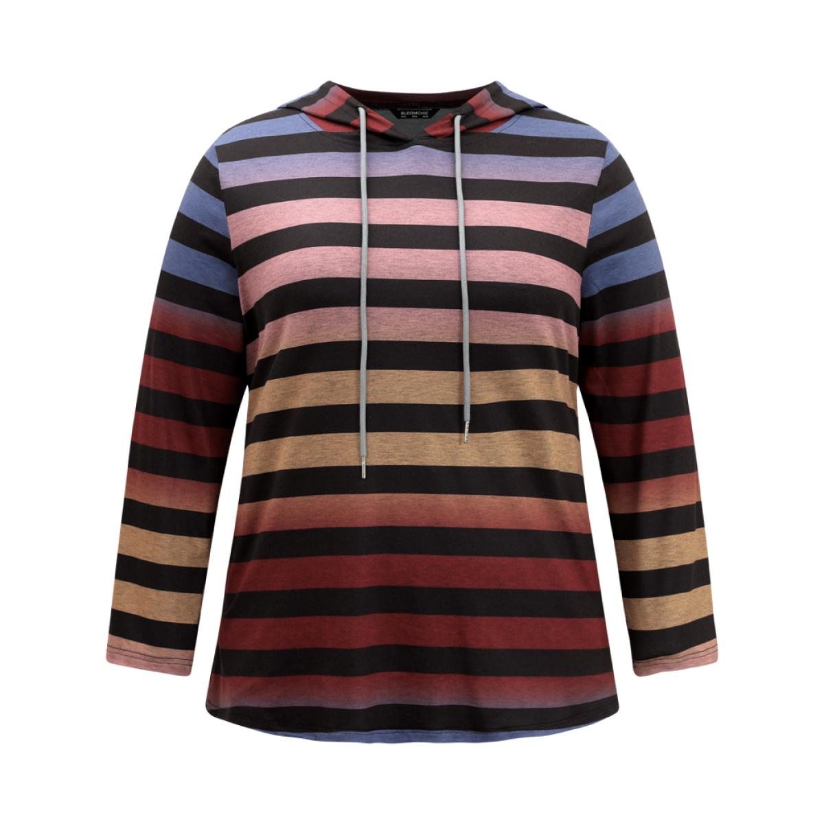 Plus Size Colour Striped Ombre Hooded Drawstring T-shirt Multicolor Women Casual Printed Striped Hooded Dailywear T-shirts BloomChic 10/M Product Image