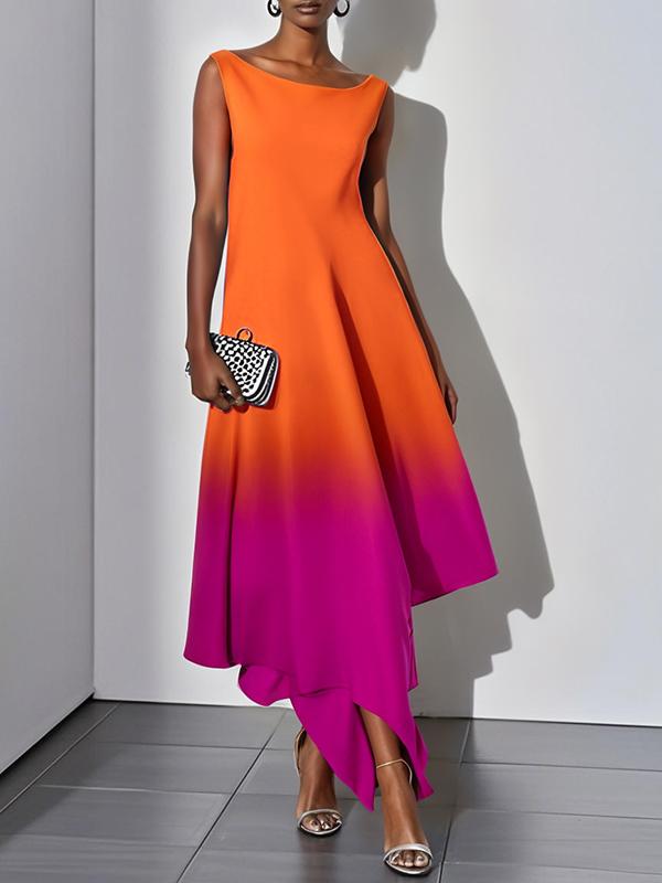 Loose Sleeveless Gradient Split-Joint Boat Neck Evening Dresses Maxi Dresses Product Image