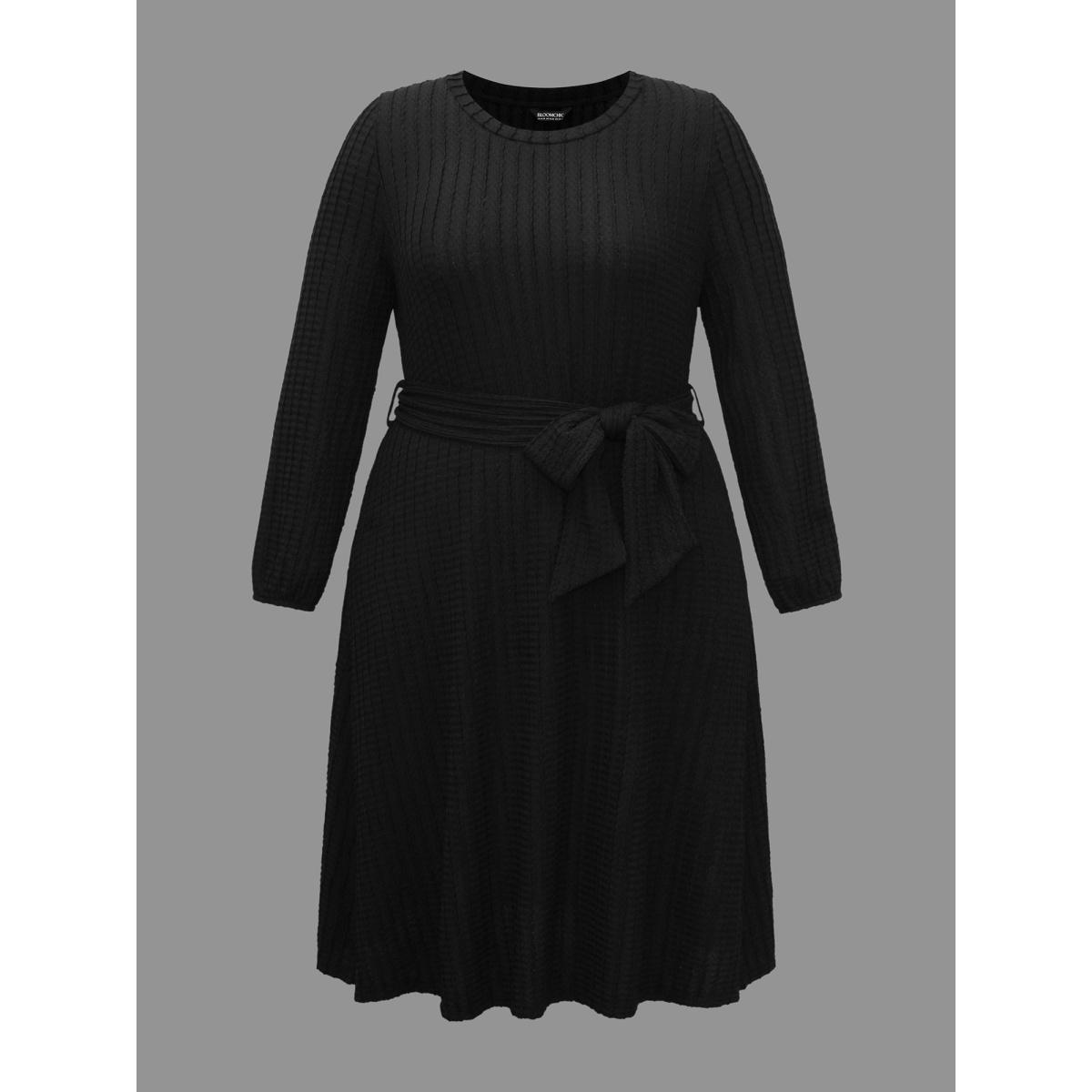 Plus Size Plain Textured Belted Knit Dress Black Women Casual Texture Knit Dresses Bloomchic 10/M Product Image