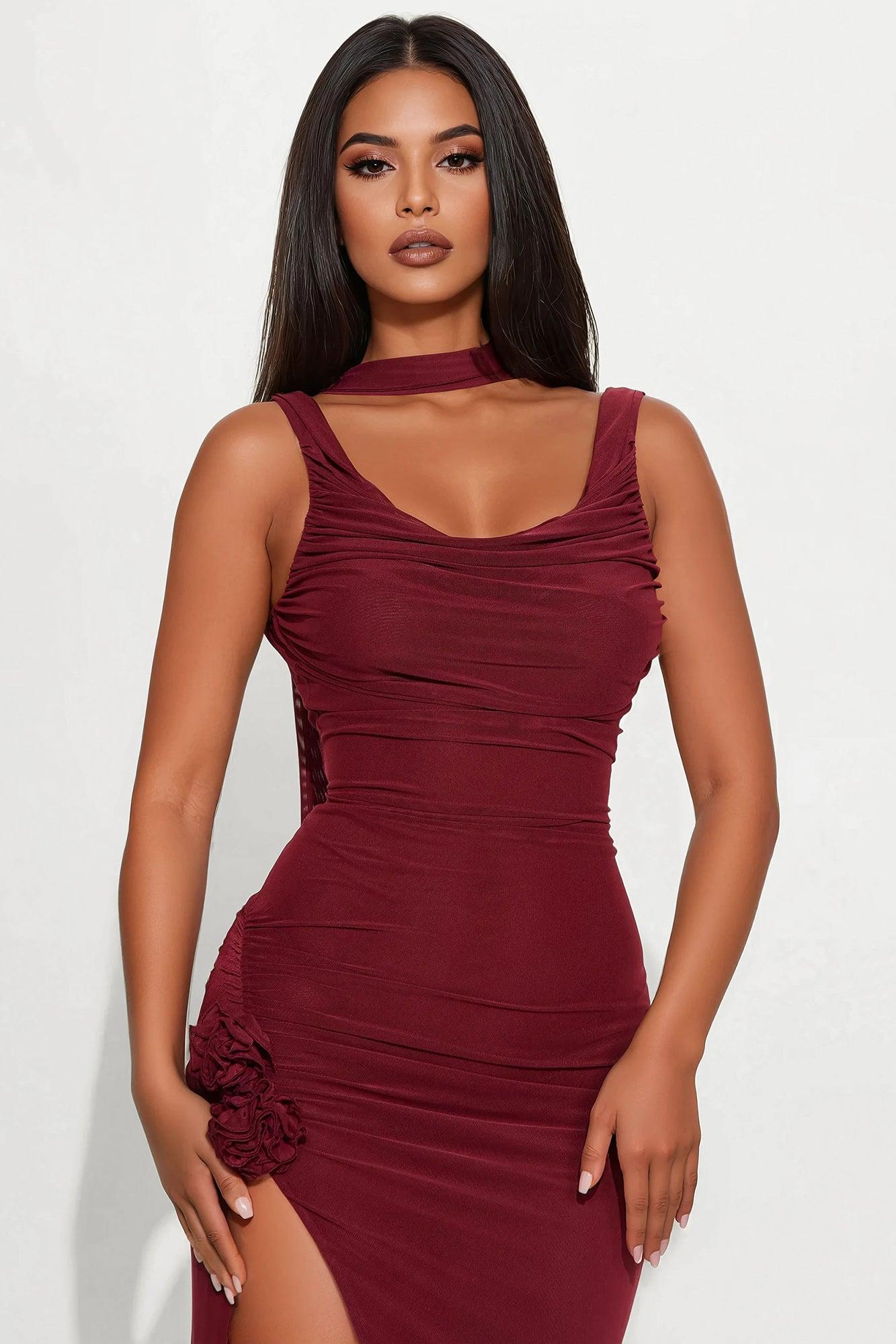 Reckless Romance Mesh Ruched Midi Dress - Wine Product Image