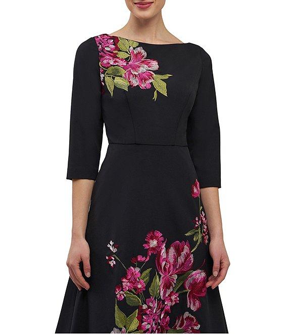 Kay Unger Greta Embroidered Floral Boat Neck Midi Flare Dress Product Image