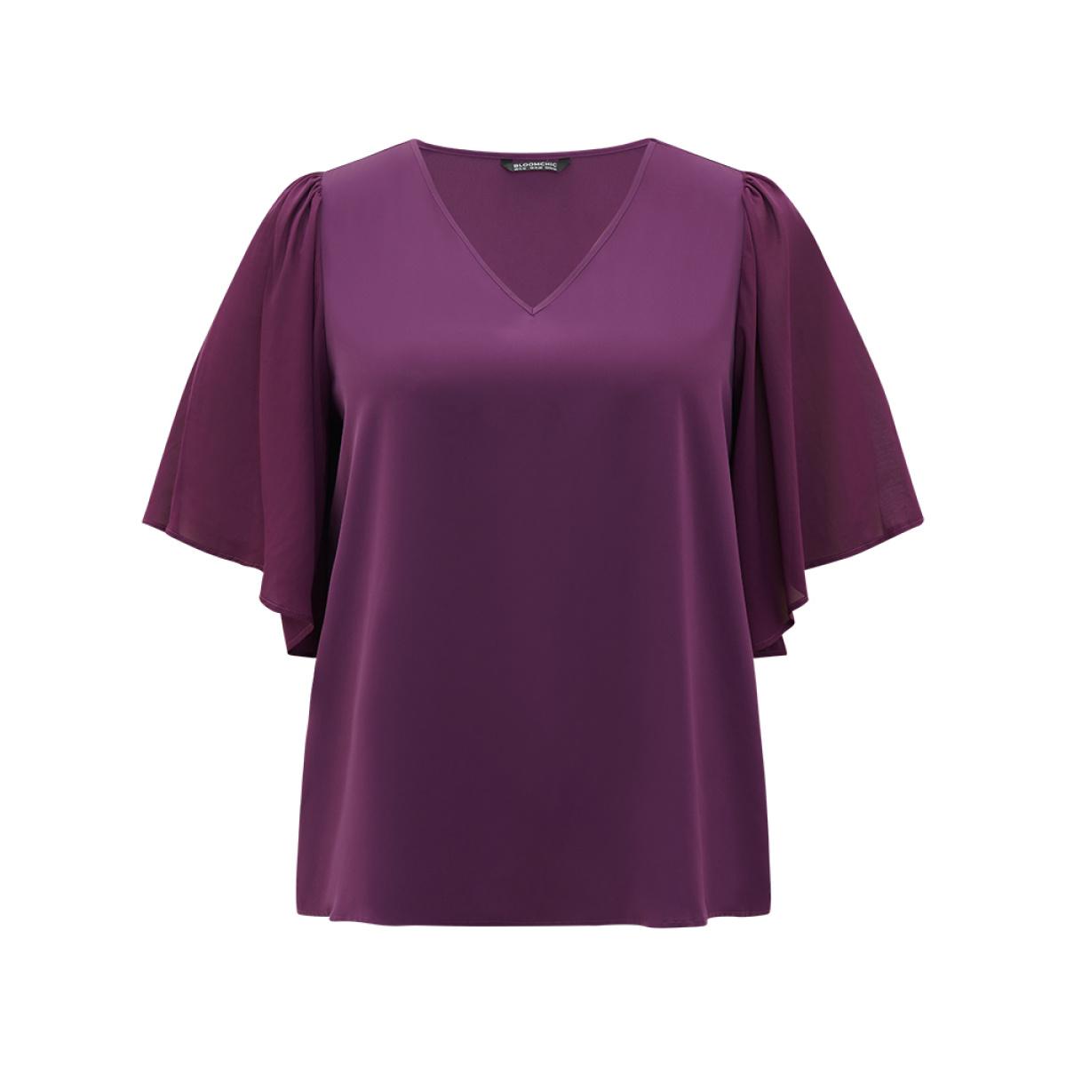 Plus Size Purple Anti-Wrinkle Plain V Neck Mesh Patchwork Flutter Sleeve Blouse Women Office Half Sleeve V-neck Office Blouses BloomChic 10/M Product Image