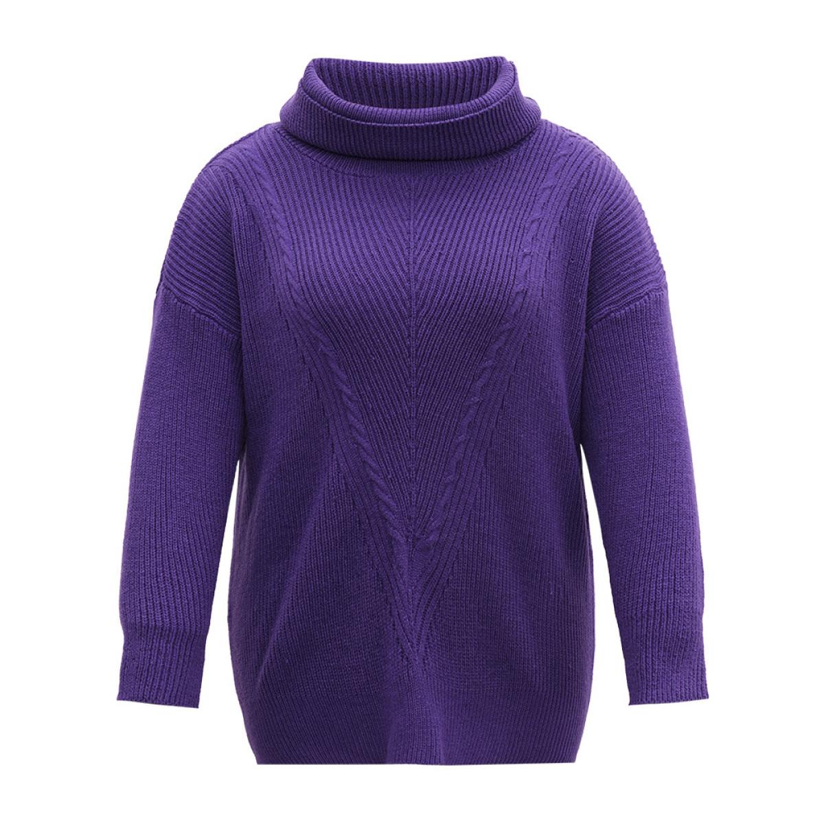 Plus Size Plain Turtleneck Texture Elastic Cuffs Pullover BlueViolet Women Casual Loose Long Sleeve Turtleneck Dailywear Pullovers BloomChic 22-24/3X Product Image