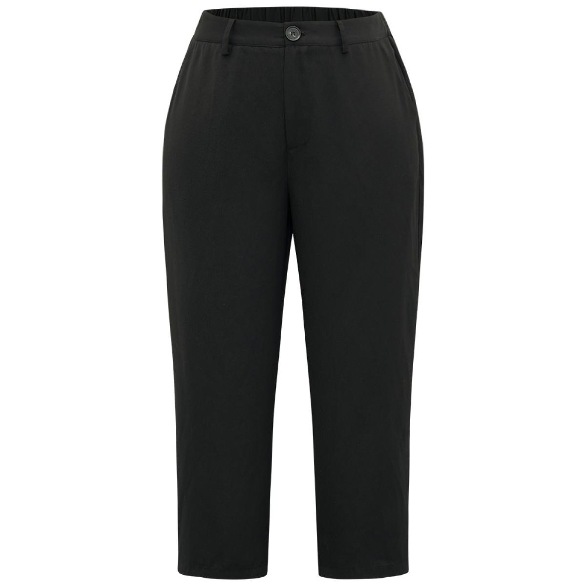 Plus Size Plain Pocket Elastic Waist High Rise Pants Women Indigo Office Straight Leg High Rise Work Pants BloomChic 22-24/3X Product Image