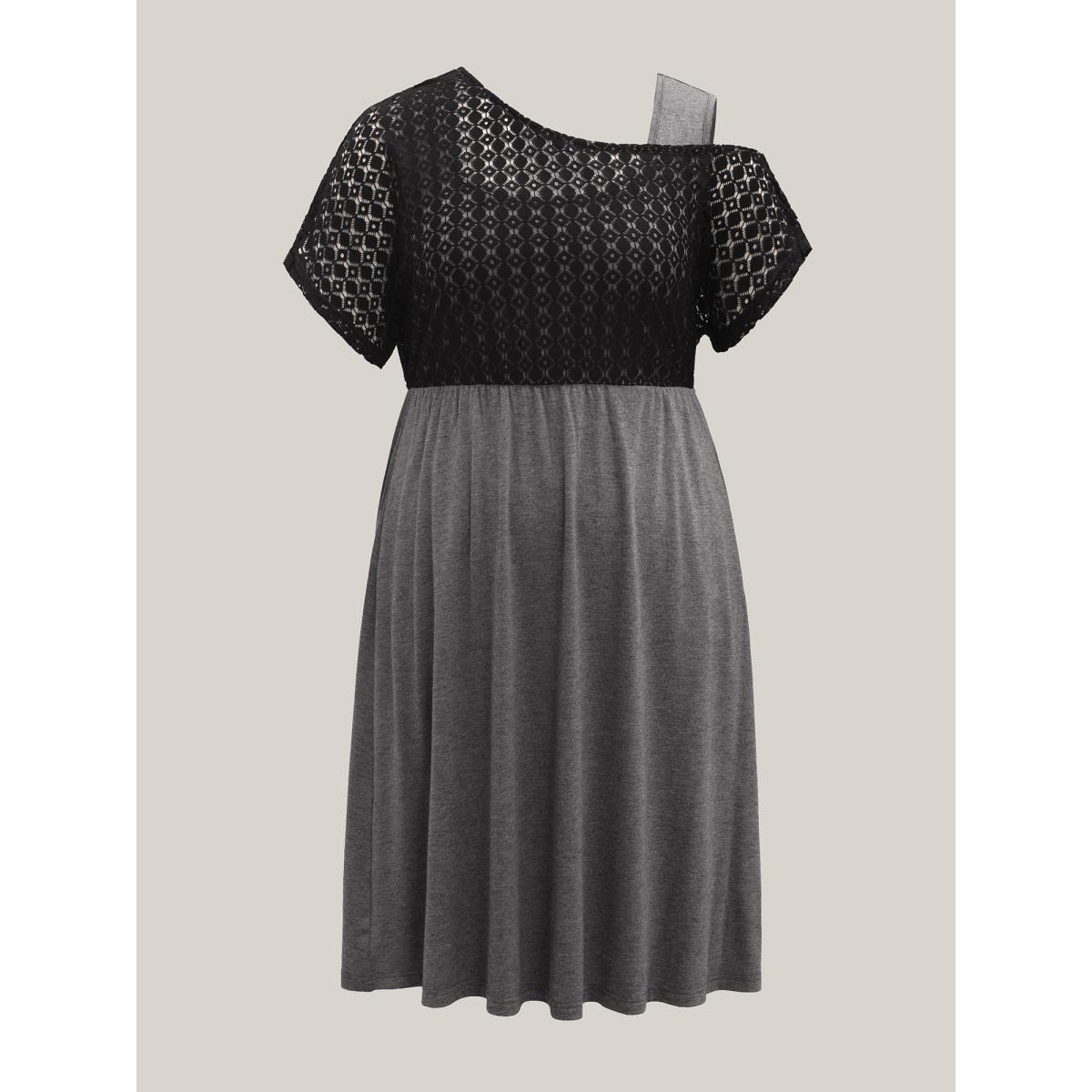 Plus Size Plain Weave One-Shoulder Knit Midi Dress DarkGray Women Casual Texture Asymmetrical Neck Short sleeve Curvy BloomChic 22-24/3X Product Image