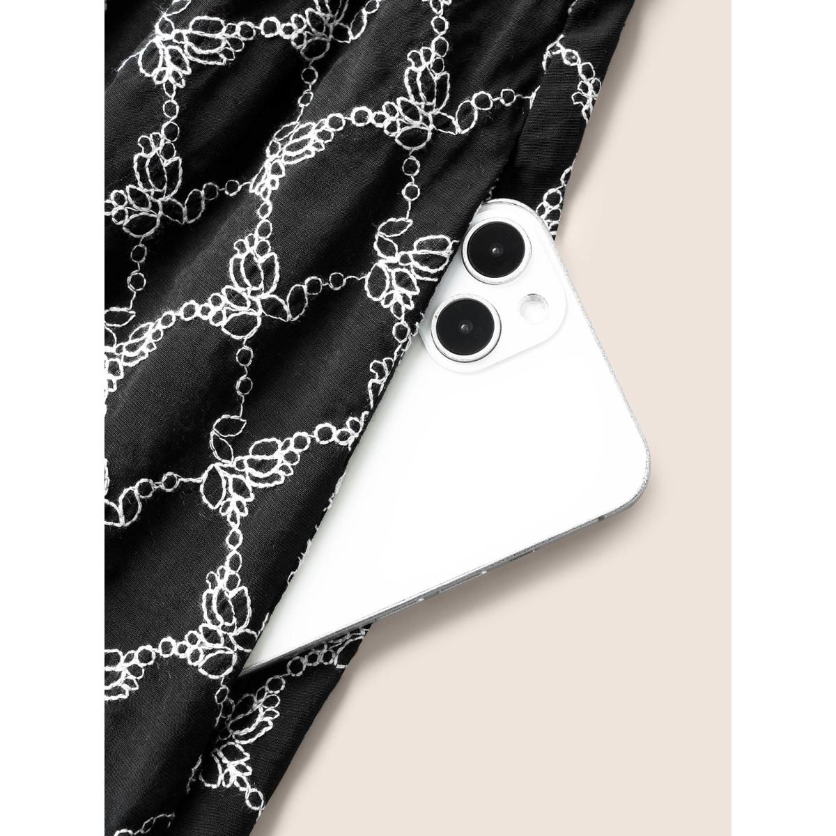 Plus Size U Neck Geometric Tie Knot Puff Sleeve Dress Black Women Casual Texture U-neck Short sleeve Curvy BloomChic 12/L Product Image