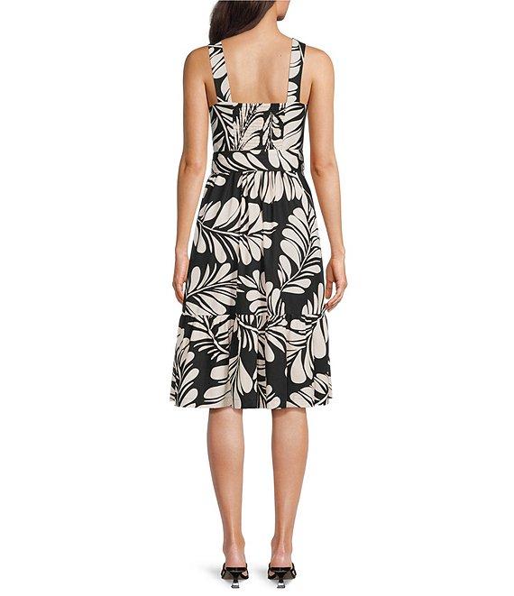 Anne Klein Square Neck Sleeveless Tropical Palm Print Linen Blend Ruffle Hem Shift Dress Product Image
