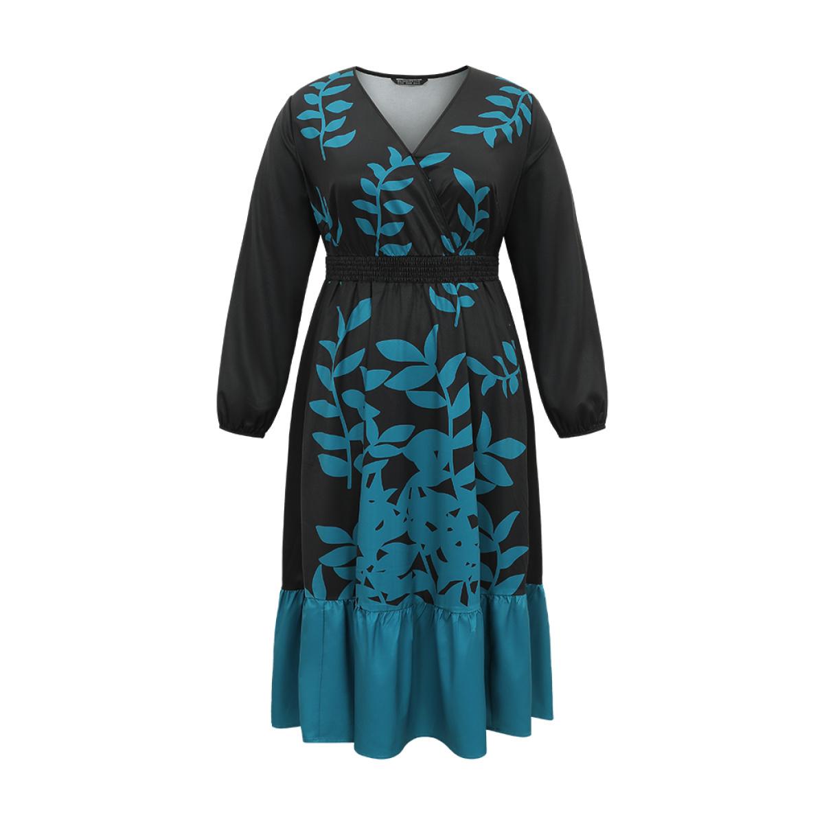 Plus Size Silhouette Floral Print Surplice Neck Shirred Dress Emerald Women Elegant Elastic cuffs Overlap Collar Long Sleeve Curvy Midi Dress BloomChic 22-24/3X Product Image