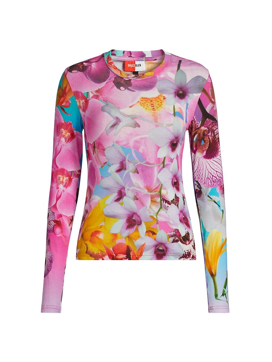 Womens Orchid Floral Rib-Knit Crewneck T-Shirt Product Image
