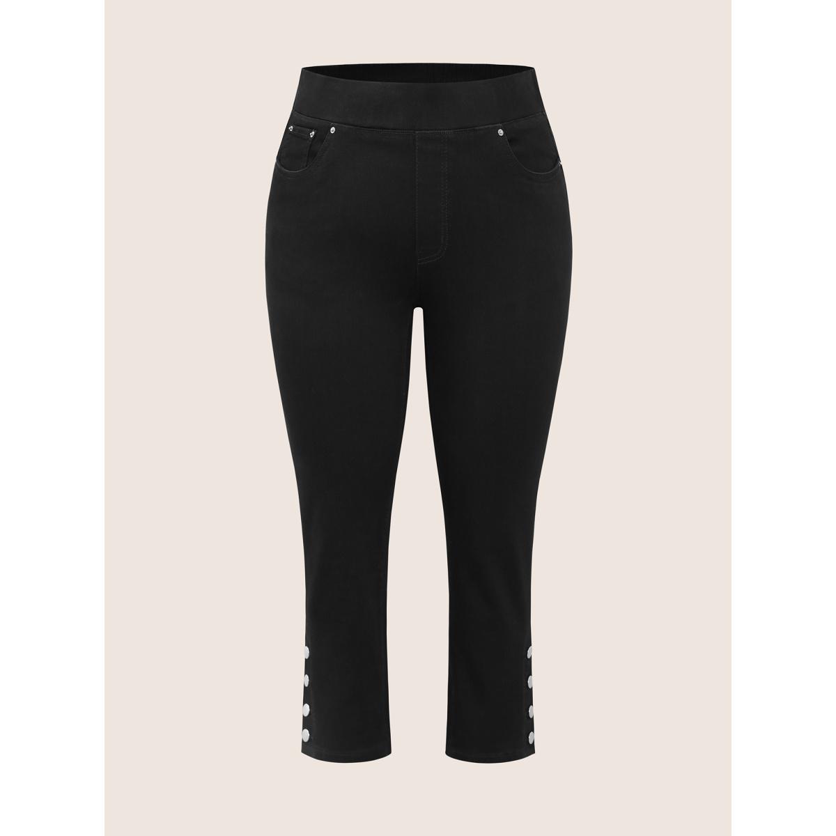 Plus Size Black Wash Button Detail Elastic Wais Slim Jeans Women Black Elegant Plain Non High stretch Pocket Jeans BloomChic 10/M Product Image