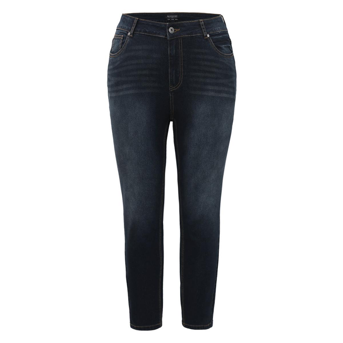 Plus Size Skinny Pocket Dark Wash Zipper Fly Jeans Women Midnight Casual Plain Non High stretch Slanted pocket Jeans BloomChic 26/4X Product Image